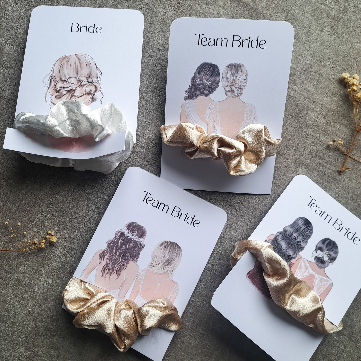 Bride & Team Bride Scrunchie Set – Satin Haargummis für Hochzeit & JGA