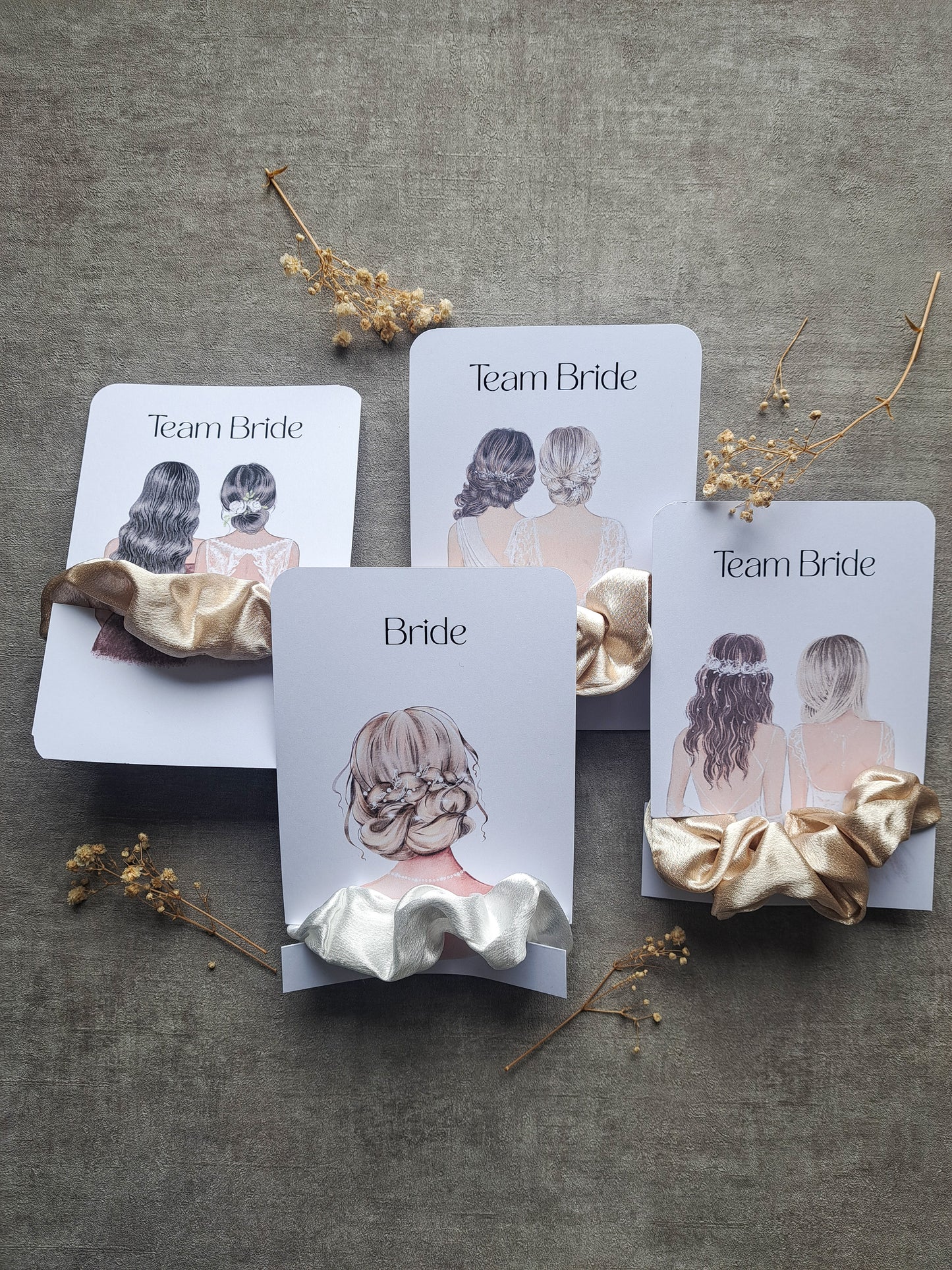 Bride & Team Bride Scrunchie Set – Satin Haargummis für Hochzeit & JGA