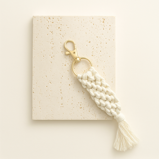 Makramee Schlüsselanhänger mit goldfarbenem Karabiner, handgeknüpft aus naturweißer Baumwolle, stilvoll präsentiert auf heller Travertinplatte vor cremefarbenem Hintergrund.