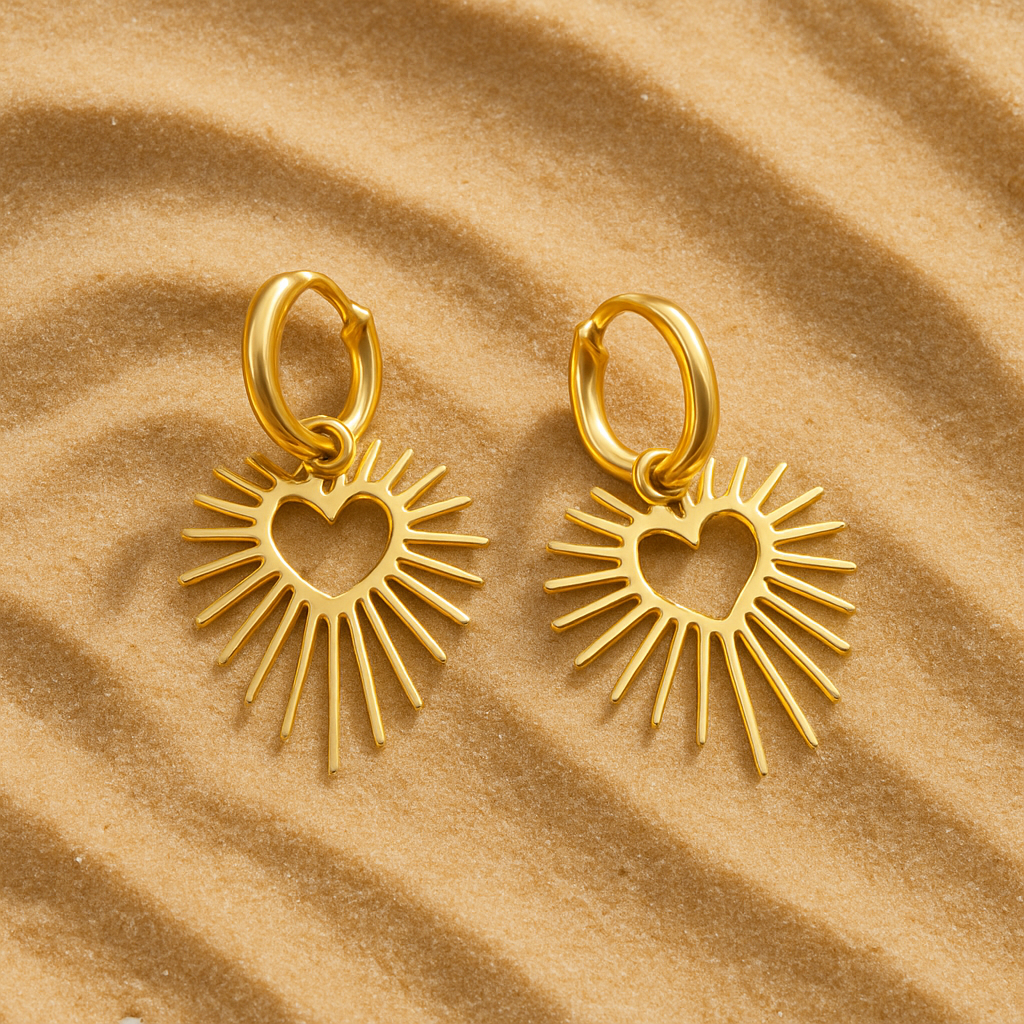 Goldene Damen Ohrringe mit Herz & Sonnenstrahlen aus Edelstahl