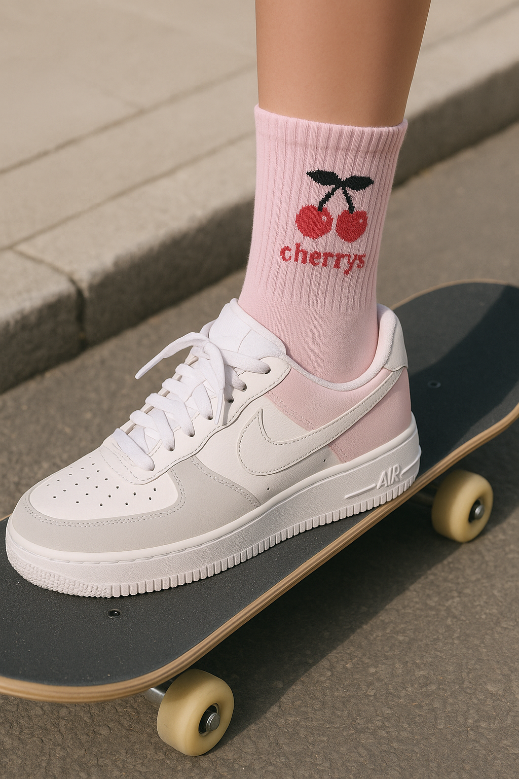 Cherry Crush – Altrosa Socken mit Kirsch-Stickerei