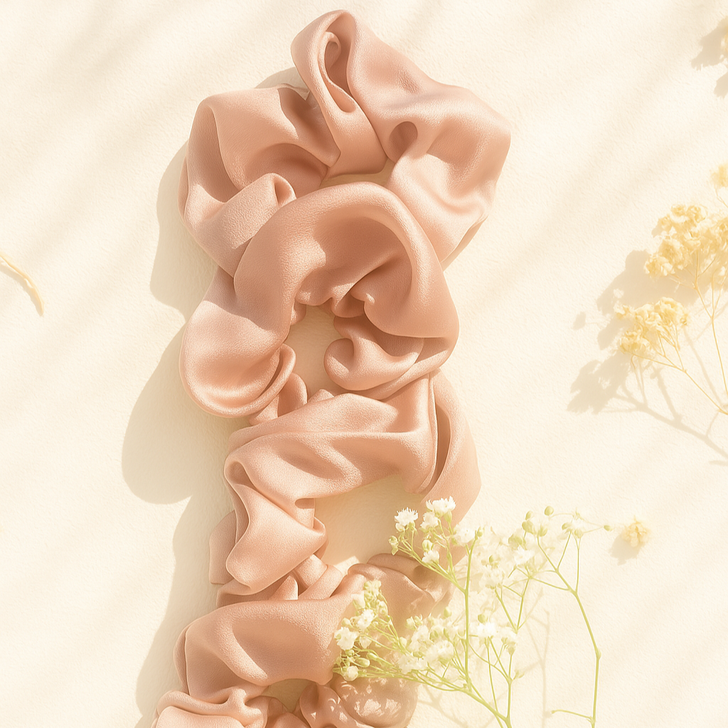 Rosa Seidenscrunchie aus glänzendem Satin, dekorativ fotografiert auf hellem Hintergrund mit getrockneten Blumen und Baby’s Breath im natürlichen Sonnenlicht.