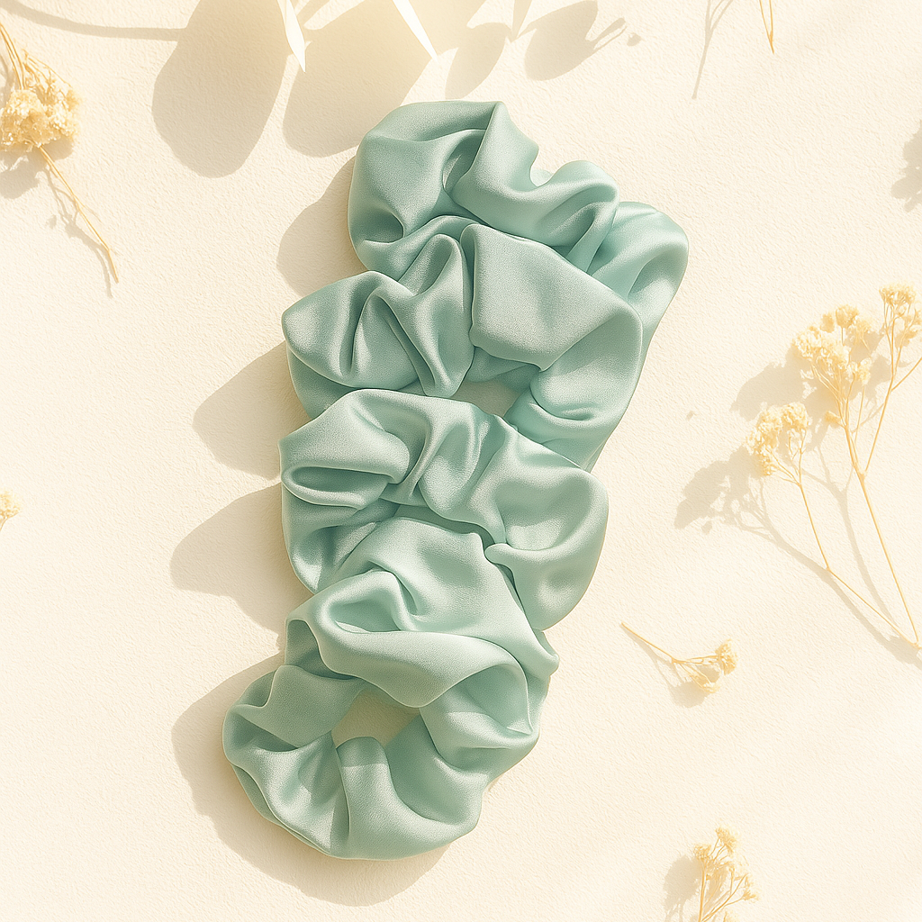 Eleganter Scrunchie aus salbeigrünem Satin liegt auf hellem, lichtdurchflutetem Untergrund mit zarten Trockenblumen – stilvoller Haargummi mit luxuriösem Seidenglanz.