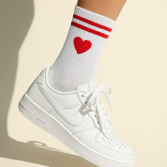 Weiße Crew-Socken mit roten Streifen und Herz-Print – getragen mit weißen Sneakern im modernen Streetstyle-Look“