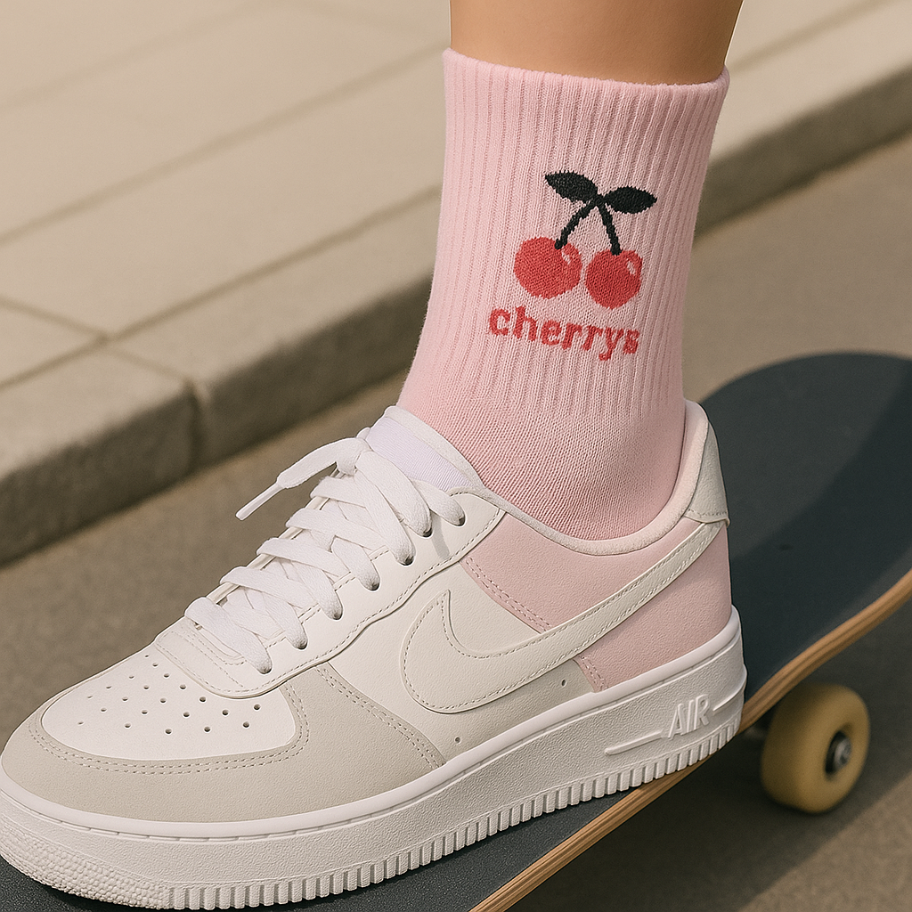 Cherry Socken in Rosa auf Skateboard – stylische Socken mit Kirschen für Streetwear Looks.