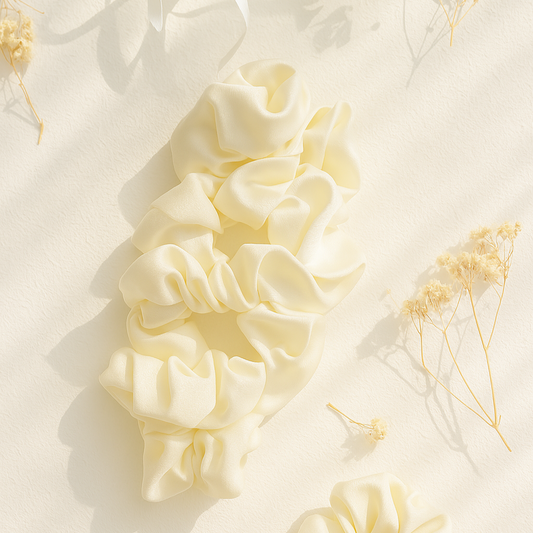 Scrunchie Ivory Dream – Elegante Satin-Haargummis in Cremeweiß