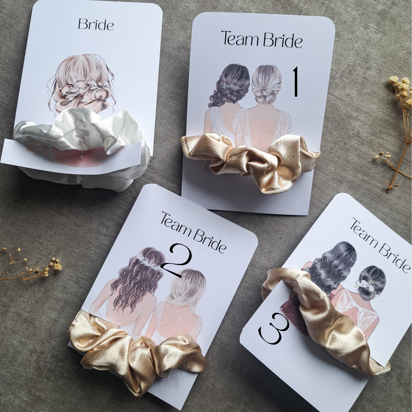 Bride & Team Bride Scrunchie Set – Satin Haargummis für Hochzeit & JGA