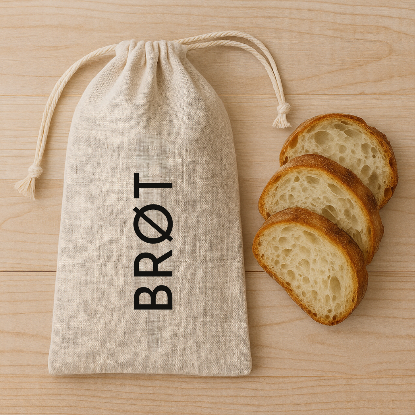 „Natürlicher Leinenbeutel mit Zugband, beschriftet mit dem senkrechten Schriftzug ‚BRØT‘ in Schwarz, liegend auf hellem Holztisch neben drei Scheiben frischem Bauernbrot.“