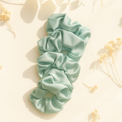 Eleganter Scrunchie aus salbeigrünem Satin liegt auf hellem, lichtdurchflutetem Untergrund mit zarten Trockenblumen – stilvoller Haargummi mit luxuriösem Seidenglanz.