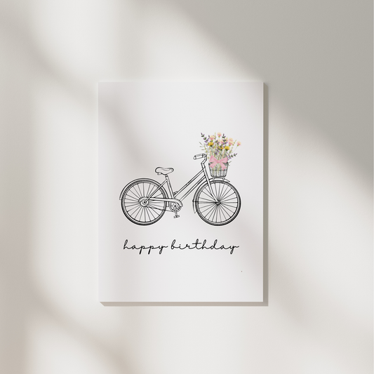 Postkarte „Happy Birthday“ – Fahrrad mit Blumen