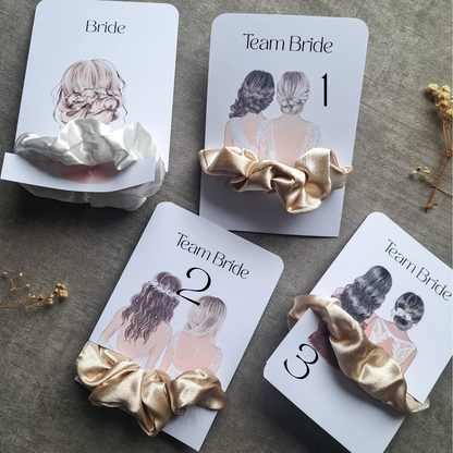Bride & Team Bride Scrunchie Set – Satin Haargummis für Hochzeit & JGA