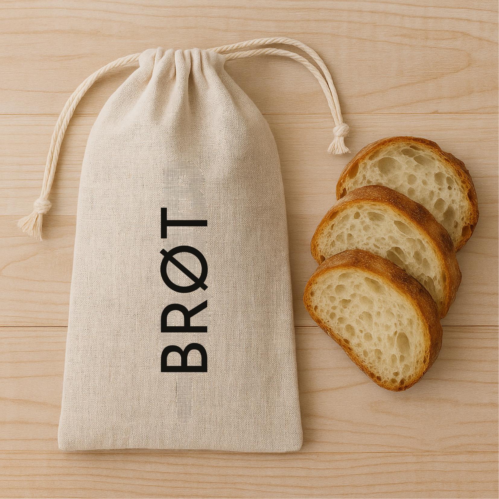 „Natürlicher Leinenbeutel mit Zugband, beschriftet mit dem senkrechten Schriftzug ‚BRØT‘ in Schwarz, liegend auf hellem Holztisch neben drei Scheiben frischem Bauernbrot.“
