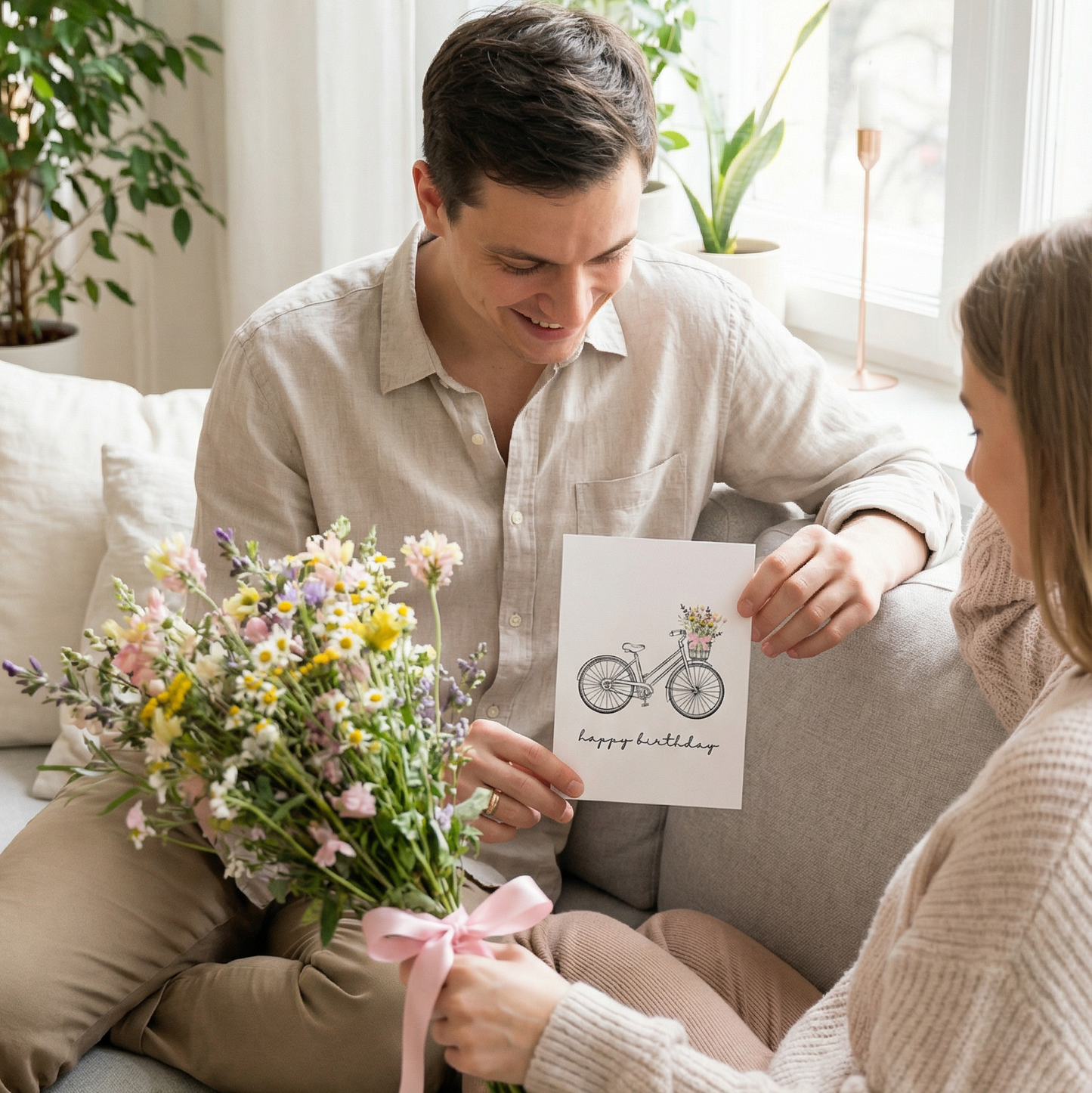 Postkarte „Happy Birthday“ – Fahrrad mit Blumen