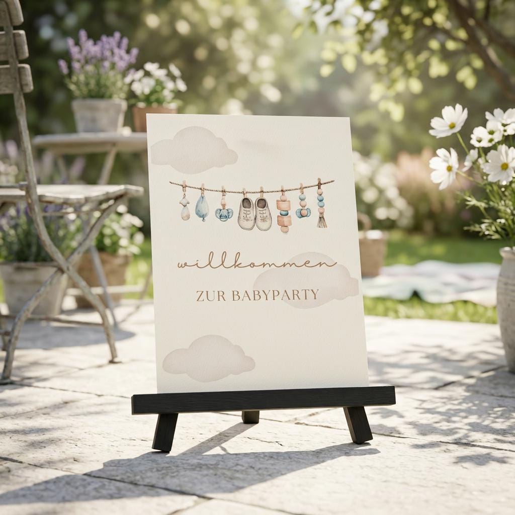 Willkommensschild Babyparty A5 mit Ausfüllkarten
