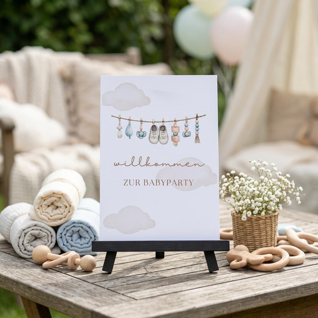Willkommensschild Babyparty A5 mit Ausfüllkarten