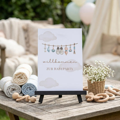 Willkommensschild Babyparty A5 mit Ausfüllkarten