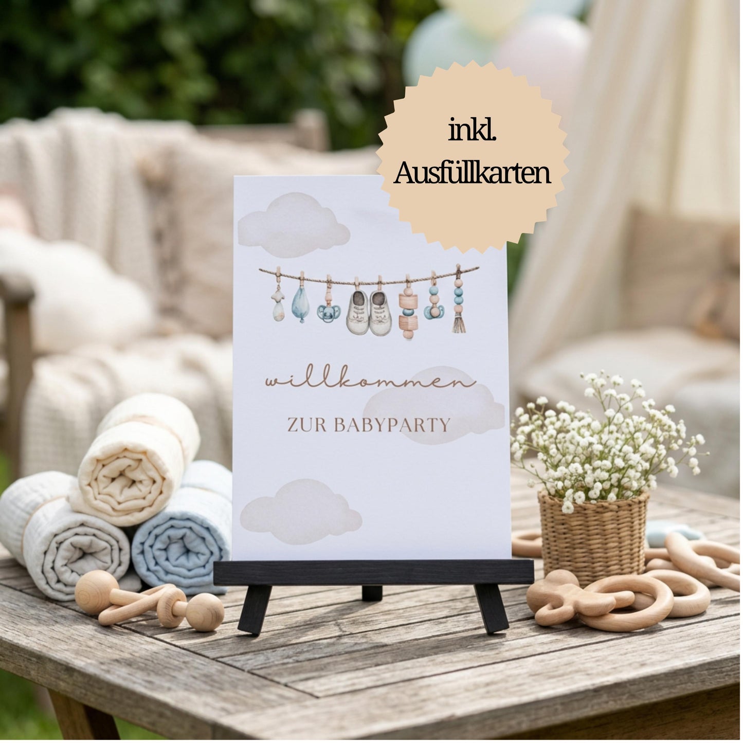 Willkommensschild Babyparty A5 mit Ausfüllkarten