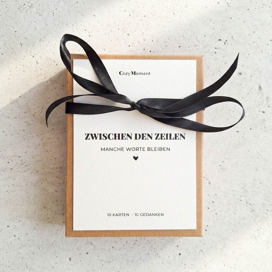 Zwischen den Zeilen Geschenkbox mit 10 Postkarten von Cozy Moments, Kraftpapierbox mit schwarzem Satinband